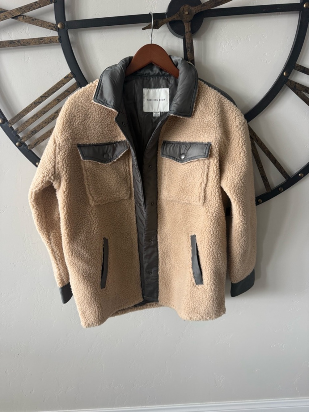 American Eagle Outfitters Beige Sherpa Jacket with Gray Trim
